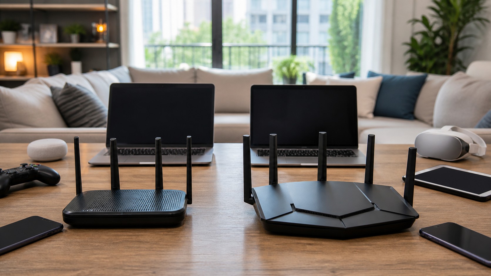 Two unbranded routers from different generations on a living room table with connected devices