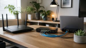Modern home office network with an unbranded Wi-Fi router, Ethernet switch, laptop dock, and visible blue Ethernet cables