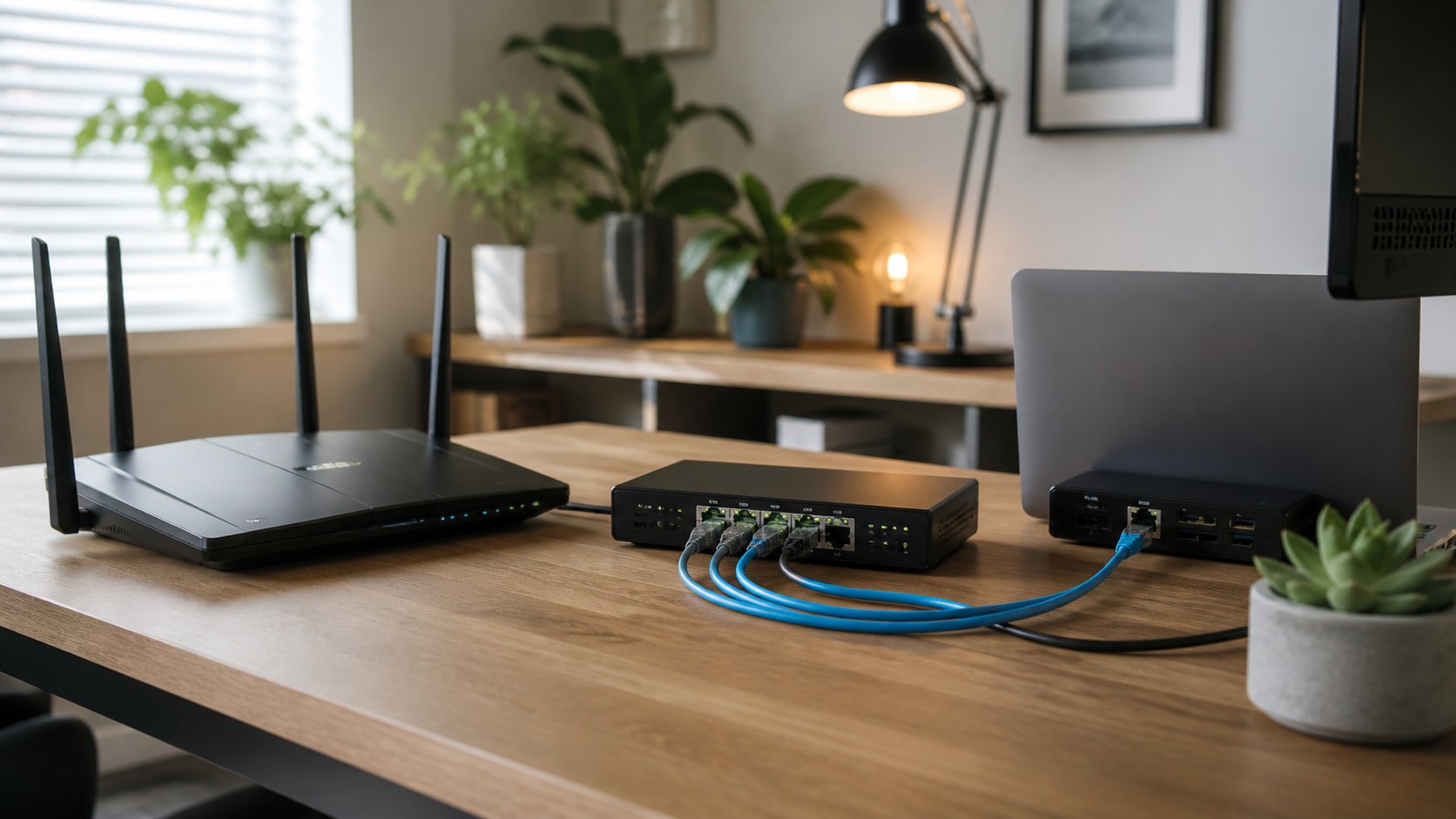 Modern home office network with an unbranded Wi-Fi router, Ethernet switch, laptop dock, and visible blue Ethernet cables