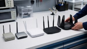 Unbranded routers arranged on a clean testing bench from older to newer form factors