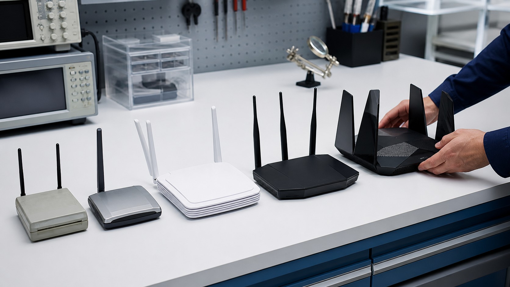 Unbranded routers arranged on a clean testing bench from older to newer form factors