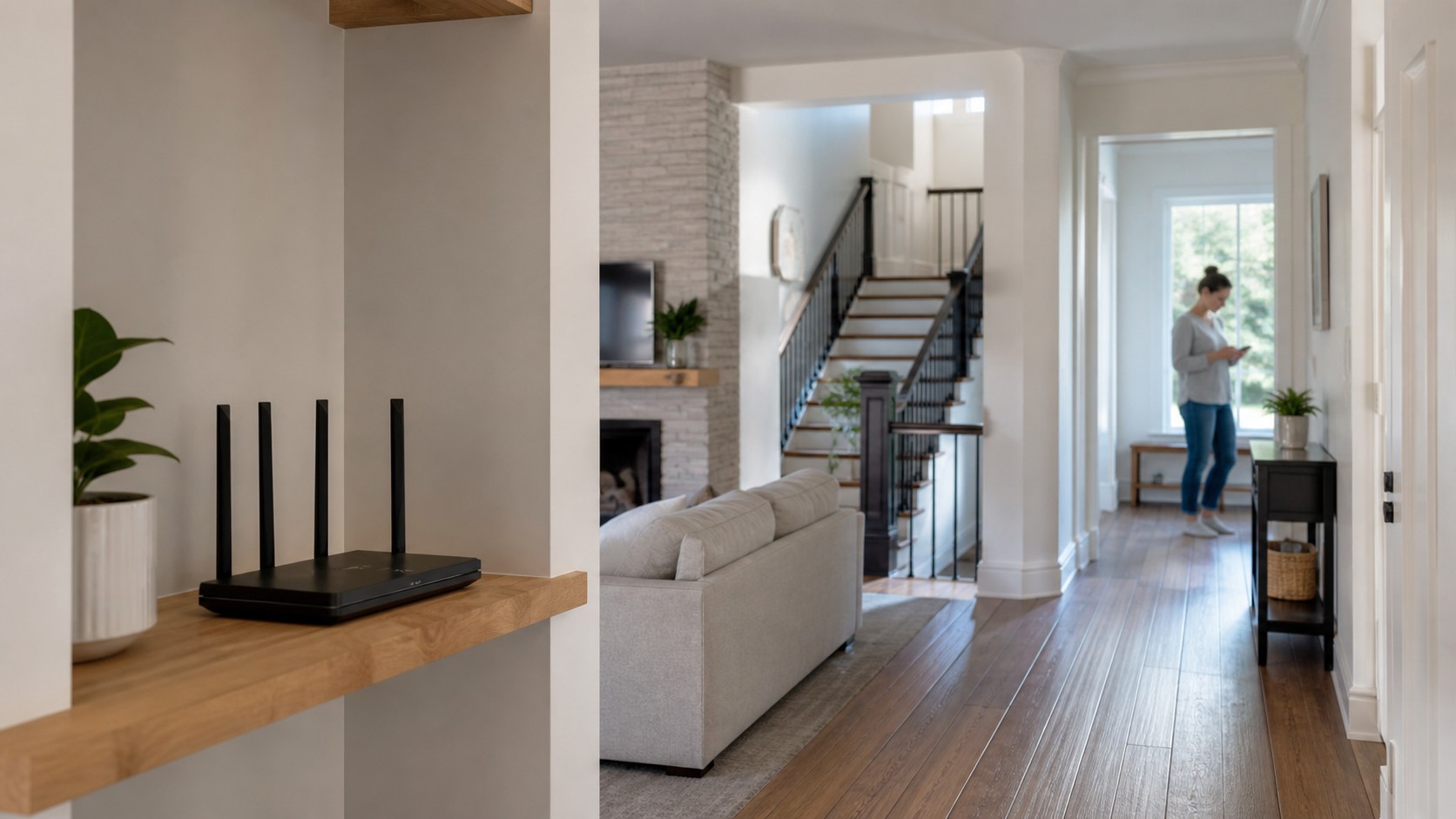 Home interior with router in foreground and user farther away through rooms, with no visible text or logos.